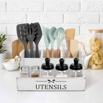 Extra Large Kitchen Utensils Holder 4 Compartments,Wood Utensil Organizer for Kitchen Countertop,Farmhouse Cooking Utensil Holder with Spice Storage space (Black)