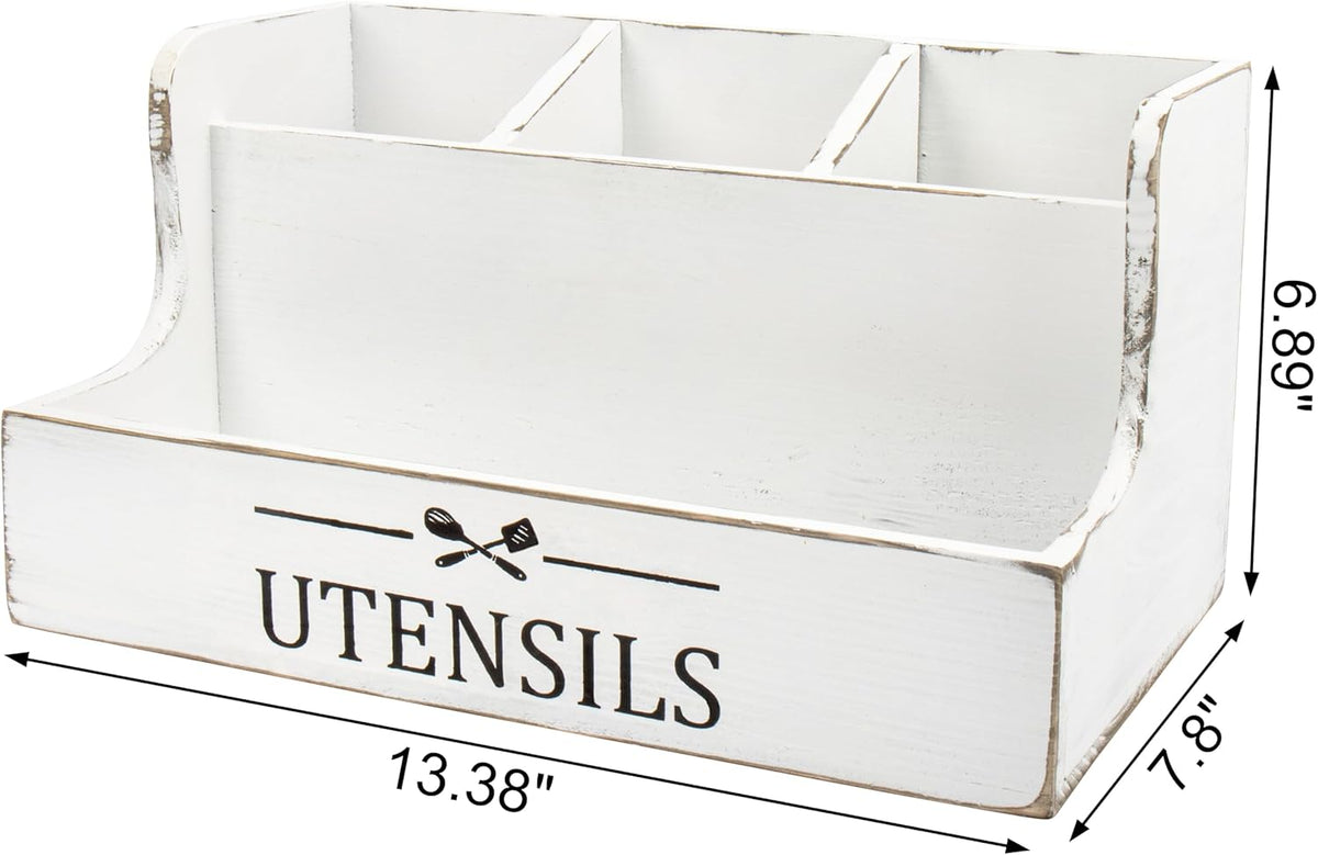 Extra Large Kitchen Utensils Holder 4 Compartments,Wood Utensil Organizer for Kitchen Countertop,Farmhouse Cooking Utensil Holder with Spice Storage space (Black)