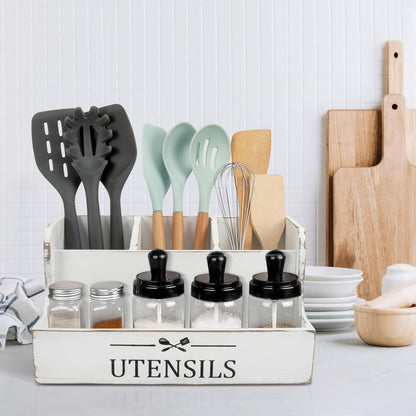 Extra Large Kitchen Utensils Holder 4 Compartments,Wood Utensil Organizer for Kitchen Countertop,Farmhouse Cooking Utensil Holder with Spice Storage space (Black)