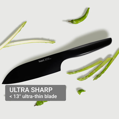 HAST 6-Inch Santoku Knife - Ultra-Sharp Japanese Chef Knife, Advanced Powder Steel, Lightweight, Ergonomic Handle, Sleek Minimalist Design, Red Dot Award Winner (Titanium Black)