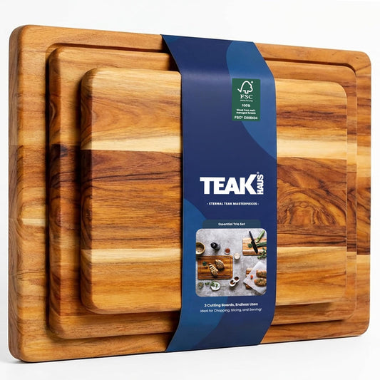 Teak Wood Cutting Board Set of 3 - Small, Medium and Large Teak Cutting Boards - Holiday Gift Ideas for Men and Women - Gift-Ready, Reversible, Edge Grain, Knife Friendly - FSC Certified