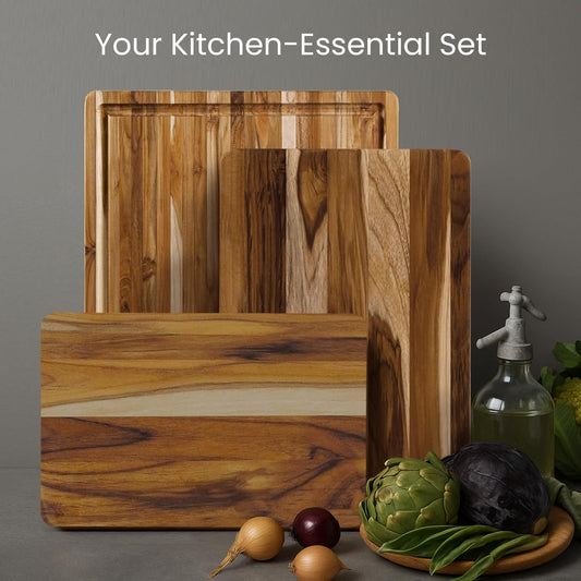 Teak Wood Cutting Board Set of 3 - Small, Medium and Large Teak Cutting Boards - Holiday Gift Ideas for Men and Women - Gift-Ready, Reversible, Edge Grain, Knife Friendly - FSC Certified