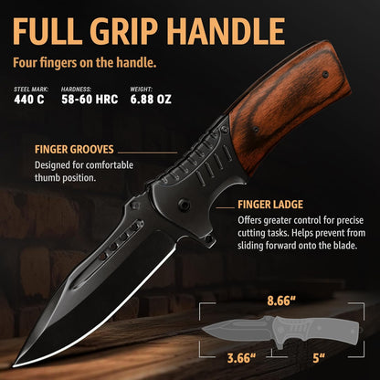 Spring Assisted Pocket Knife with Wood Handle & Glass Breaker & Pocket Clip - 3.66" Sharp Blade - Tactical Folding Knives - for Men Women Hunting Camping Military Survival Hiking Work EDC 0207