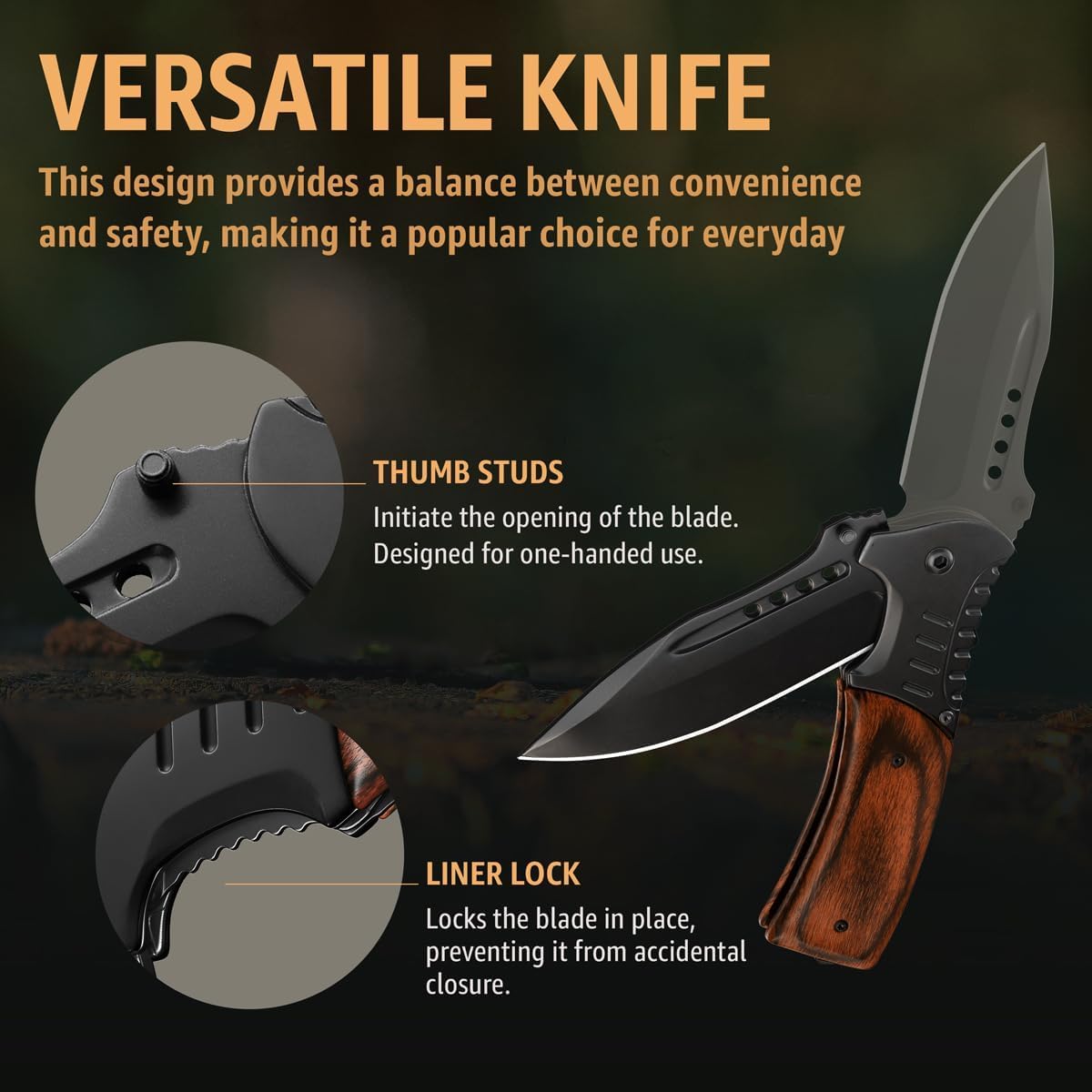 Spring Assisted Pocket Knife with Wood Handle & Glass Breaker & Pocket Clip - 3.66" Sharp Blade - Tactical Folding Knives - for Men Women Hunting Camping Military Survival Hiking Work EDC 0207