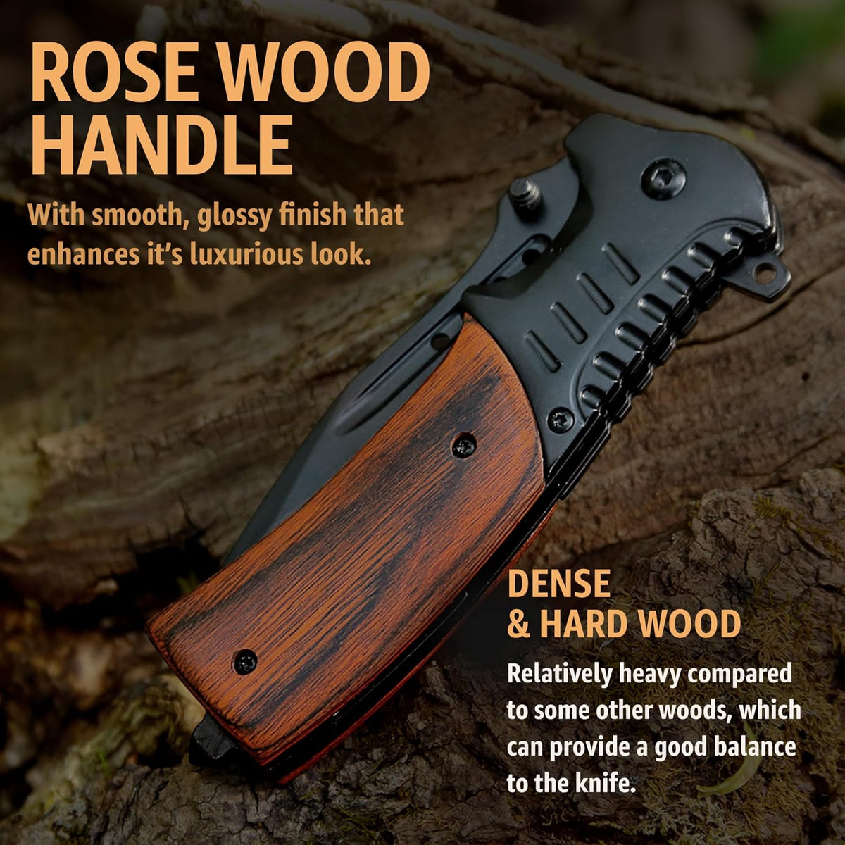 Spring Assisted Pocket Knife with Wood Handle & Glass Breaker & Pocket Clip - 3.66" Sharp Blade - Tactical Folding Knives - for Men Women Hunting Camping Military Survival Hiking Work EDC 0207