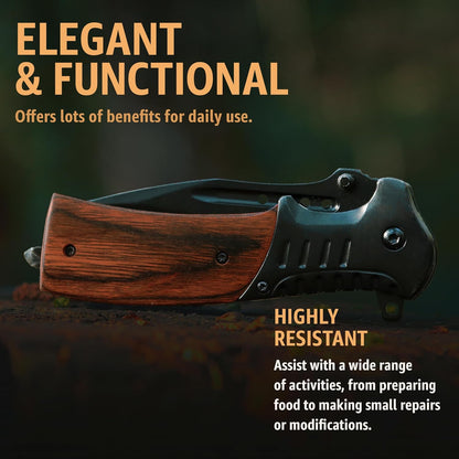 Spring Assisted Pocket Knife with Wood Handle & Glass Breaker & Pocket Clip - 3.66" Sharp Blade - Tactical Folding Knives - for Men Women Hunting Camping Military Survival Hiking Work EDC 0207