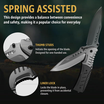 Spring Assisted Pocket Knife with Wood Handle & Glass Breaker & Pocket Clip - 3.66" Sharp Blade - Tactical Folding Knives - for Men Women Hunting Camping Military Survival Hiking Work EDC 0207