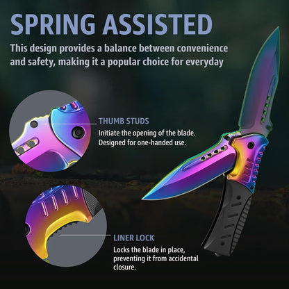 Spring Assisted Pocket Knife with Wood Handle & Glass Breaker & Pocket Clip - 3.66" Sharp Blade - Tactical Folding Knives - for Men Women Hunting Camping Military Survival Hiking Work EDC 0207