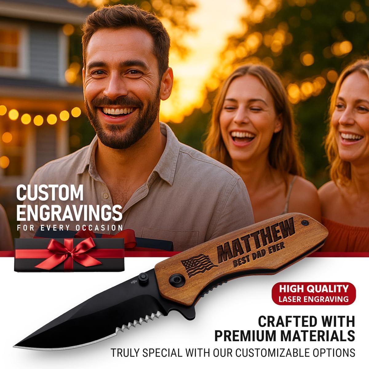 Spring Assisted Pocket Knife with Wood Handle & Glass Breaker & Pocket Clip - 3.66" Sharp Blade - Tactical Folding Knives - for Men Women Hunting Camping Military Survival Hiking Work EDC 0207