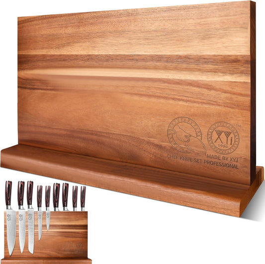Extra Large Magnetic Knife Block Acacia Wood Knife Set Holder Stand With Stronge Magnetic Strip Kitchen Knives Storage Rack Organizer Tools No Drilling