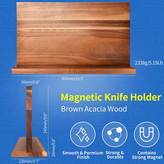 Extra Large Magnetic Knife Block Acacia Wood Knife Set Holder Stand With Stronge Magnetic Strip Kitchen Knives Storage Rack Organizer Tools No Drilling