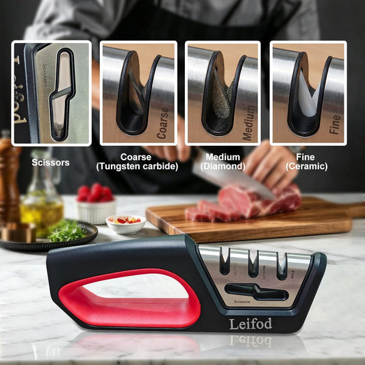 4in1 Knife Sharpener,3-Stage Manual Guided Knife Sharpeners,with Ceramic Stone, Tungsten Carbide Plates, Diamond rods