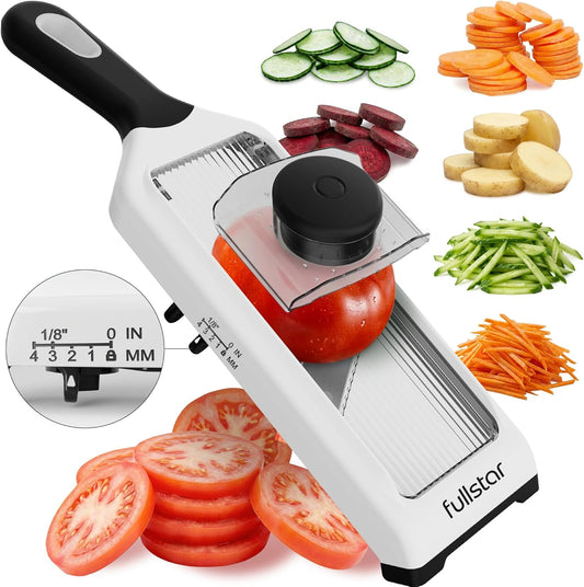 Handheld Mandoline Vegetable Slicer & Julienne Cutter | 2 in 1 Onion, Veggie & Fruit Slicer, 4 Thickness Settings with Stainless Steel Guard for Easy & Safer Slicing (White)