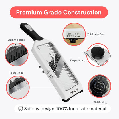 Handheld Mandoline Vegetable Slicer & Julienne Cutter | 2 in 1 Onion, Veggie & Fruit Slicer, 4 Thickness Settings with Stainless Steel Guard for Easy & Safer Slicing (White)