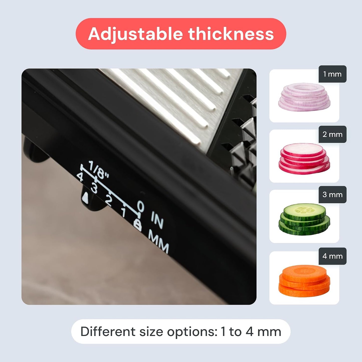 Handheld Mandoline Vegetable Slicer & Julienne Cutter | 2 in 1 Onion, Veggie & Fruit Slicer, 4 Thickness Settings with Stainless Steel Guard for Easy & Safer Slicing (White)