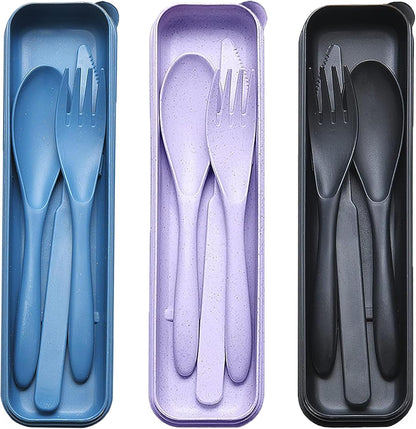 Reusable Travel Utensils with Case, Wheat Straw Portable Plastic Fork Spoons Knife Tableware, Eco-Friendly BPA Free Camping Cutlery for Lunch Box Accessories Work Picnic or Daily Use (Purple)