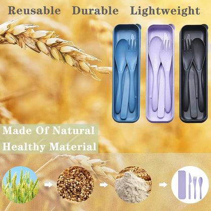 Reusable Travel Utensils with Case, Wheat Straw Portable Plastic Fork Spoons Knife Tableware, Eco-Friendly BPA Free Camping Cutlery for Lunch Box Accessories Work Picnic or Daily Use (Purple)