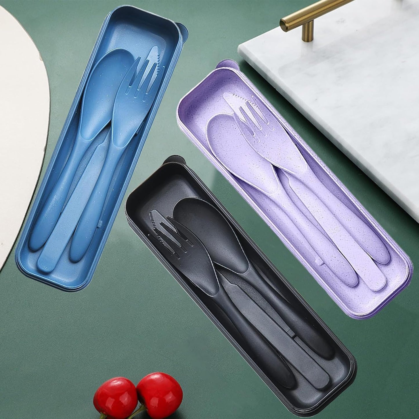 Reusable Travel Utensils with Case, Wheat Straw Portable Plastic Fork Spoons Knife Tableware, Eco-Friendly BPA Free Camping Cutlery for Lunch Box Accessories Work Picnic or Daily Use (Purple)