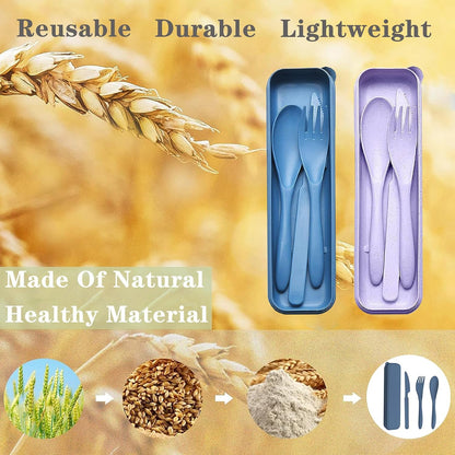 Reusable Travel Utensils with Case, Wheat Straw Portable Plastic Fork Spoons Knife Tableware, Eco-Friendly BPA Free Camping Cutlery for Lunch Box Accessories Work Picnic or Daily Use (Purple)