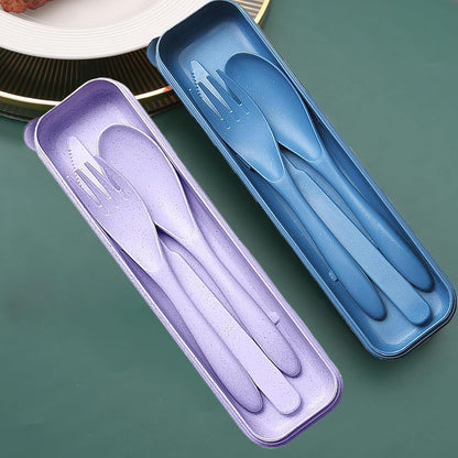 Reusable Travel Utensils with Case, Wheat Straw Portable Plastic Fork Spoons Knife Tableware, Eco-Friendly BPA Free Camping Cutlery for Lunch Box Accessories Work Picnic or Daily Use (Purple)