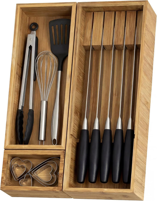 Bamboo Drawer Organizer with Knife Block, 3 Removable Silverware Drawer Organizer Bins - Multi-Use for Kitchen Utensils, Office, Makeup, Tools Storage