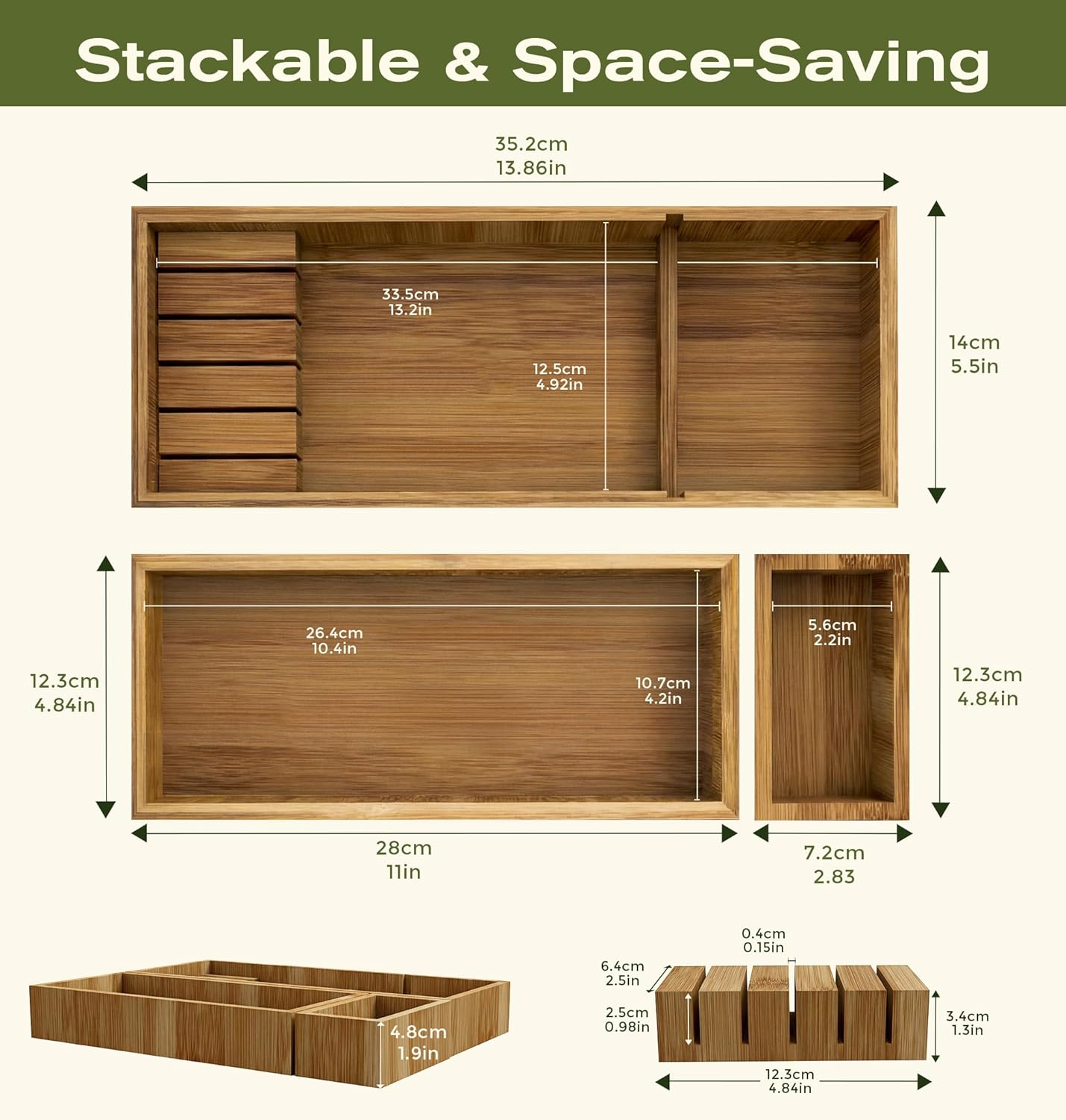 Bamboo Drawer Organizer with Knife Block, 3 Removable Silverware Drawer Organizer Bins - Multi-Use for Kitchen Utensils, Office, Makeup, Tools Storage