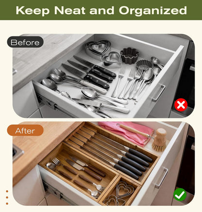 Bamboo Drawer Organizer with Knife Block, 3 Removable Silverware Drawer Organizer Bins - Multi-Use for Kitchen Utensils, Office, Makeup, Tools Storage
