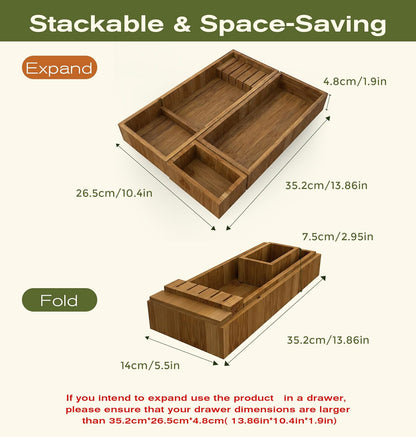 Bamboo Drawer Organizer with Knife Block, 3 Removable Silverware Drawer Organizer Bins - Multi-Use for Kitchen Utensils, Office, Makeup, Tools Storage
