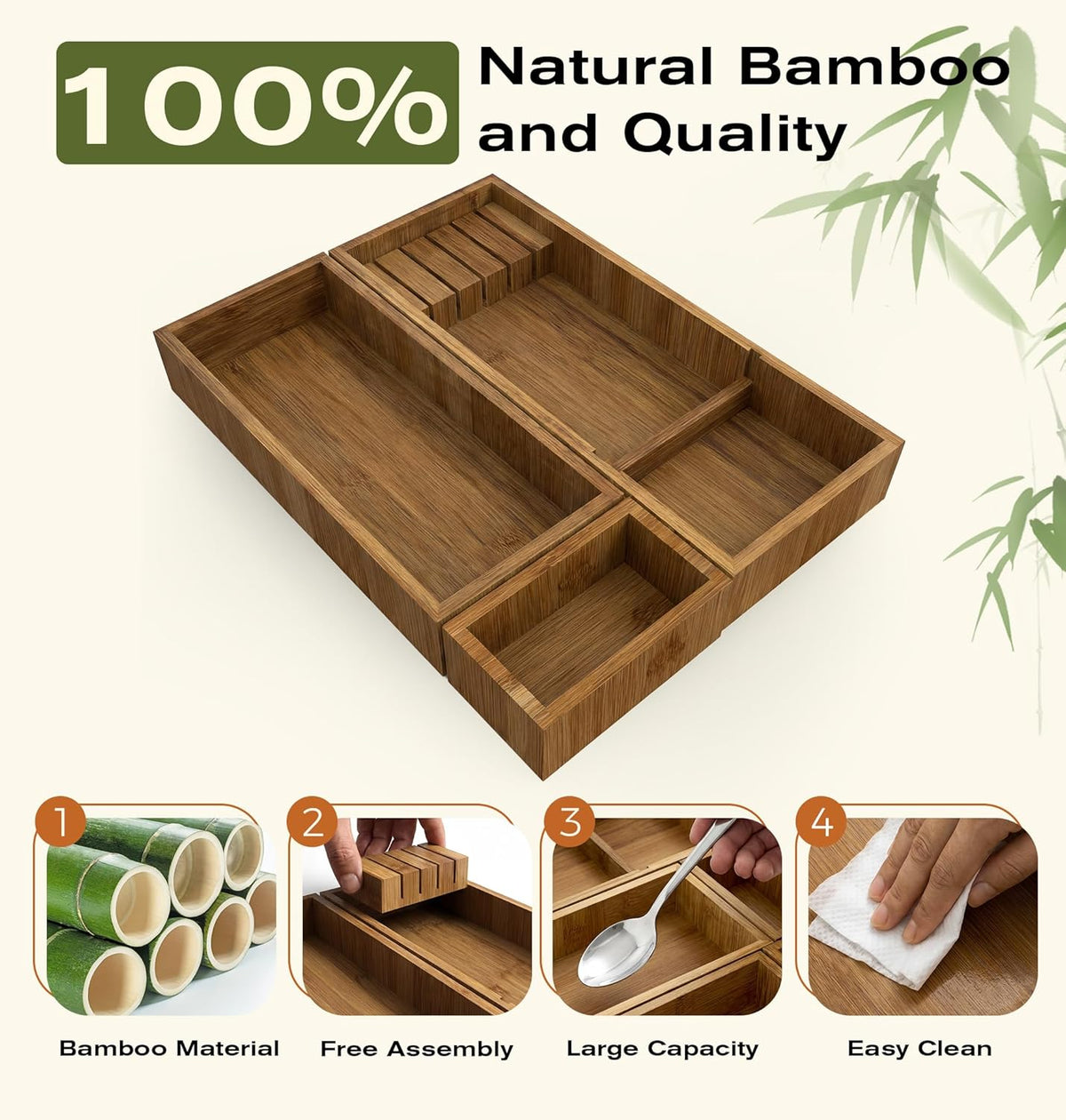 Bamboo Drawer Organizer with Knife Block, 3 Removable Silverware Drawer Organizer Bins - Multi-Use for Kitchen Utensils, Office, Makeup, Tools Storage