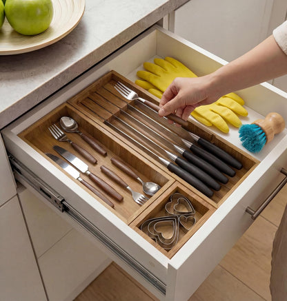 Bamboo Drawer Organizer with Knife Block, 3 Removable Silverware Drawer Organizer Bins - Multi-Use for Kitchen Utensils, Office, Makeup, Tools Storage