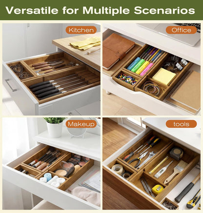 Bamboo Drawer Organizer with Knife Block, 3 Removable Silverware Drawer Organizer Bins - Multi-Use for Kitchen Utensils, Office, Makeup, Tools Storage