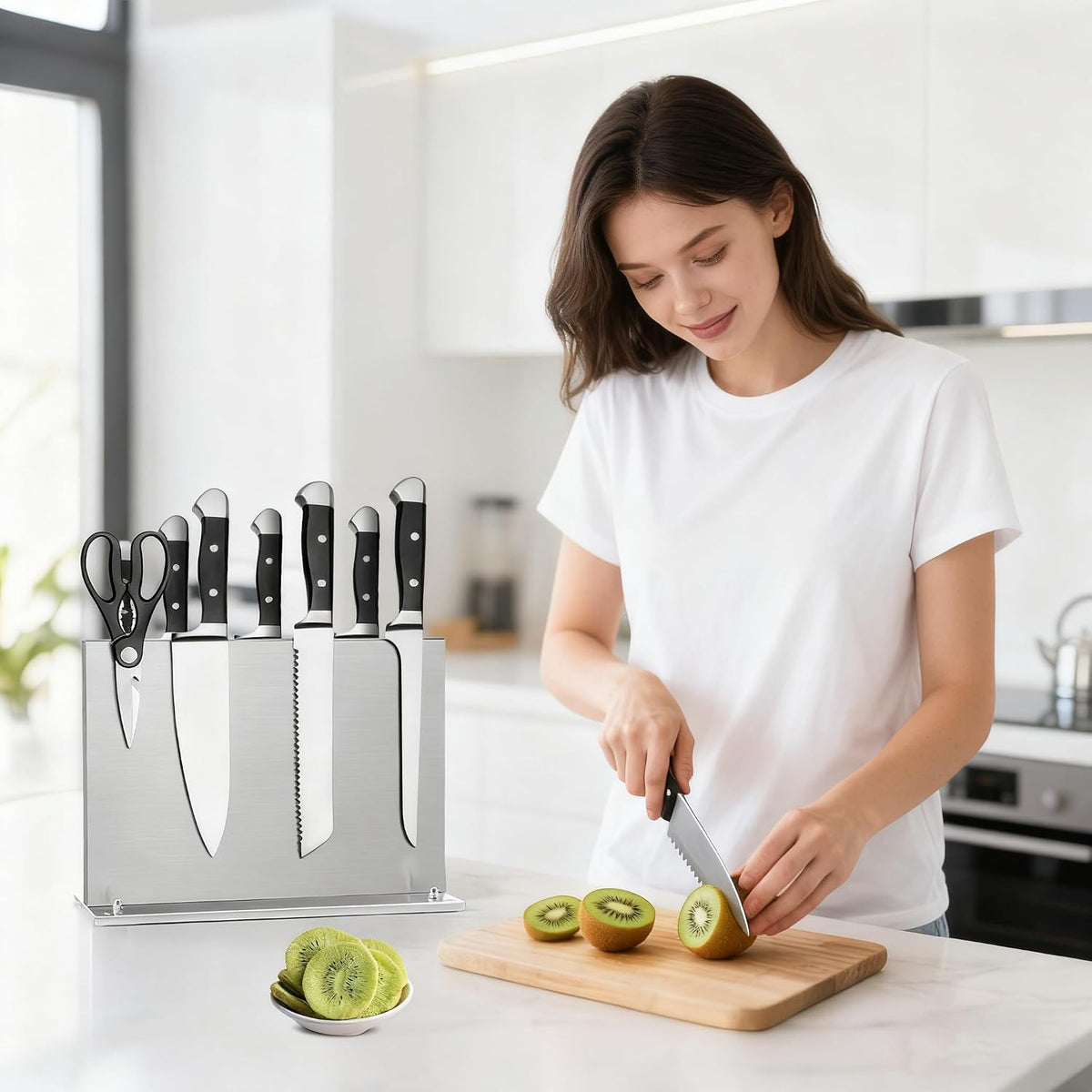 Magnetic Knife Holder, Stainless Steel Magnetic Knife Block with Sharpener, Double Sided Strong Magnet Knife Storage for Kitchen Counter, Anti-movement Suction Cup Base