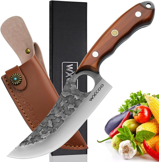 Hand Forged Hunting Knife with Leather Sheath High Carbon Steel Full Tang Butcher Boning Knife for Camping Hiking Fishing BBQ Single Blade Outdoor Cleaver for Meat Cutting and Game Processing