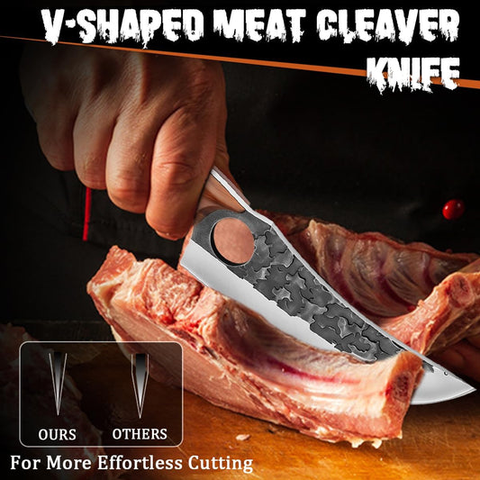 Hand Forged Hunting Knife with Leather Sheath High Carbon Steel Full Tang Butcher Boning Knife for Camping Hiking Fishing BBQ Single Blade Outdoor Cleaver for Meat Cutting and Game Processing