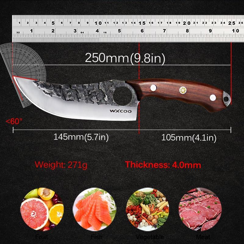 Hand Forged Hunting Knife with Leather Sheath High Carbon Steel Full Tang Butcher Boning Knife for Camping Hiking Fishing BBQ Single Blade Outdoor Cleaver for Meat Cutting and Game Processing