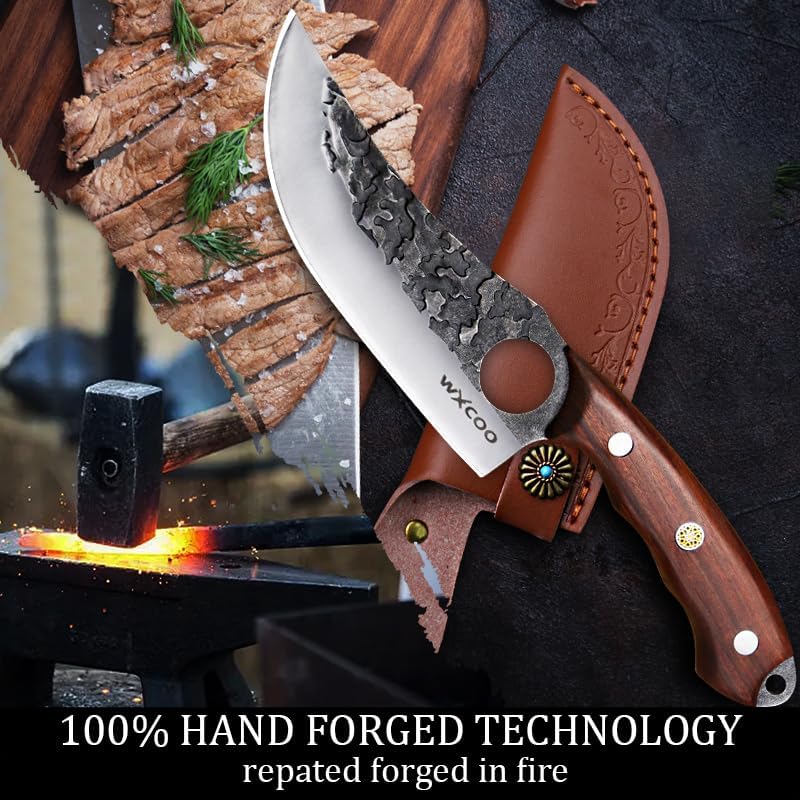 Hand Forged Hunting Knife with Leather Sheath High Carbon Steel Full Tang Butcher Boning Knife for Camping Hiking Fishing BBQ Single Blade Outdoor Cleaver for Meat Cutting and Game Processing