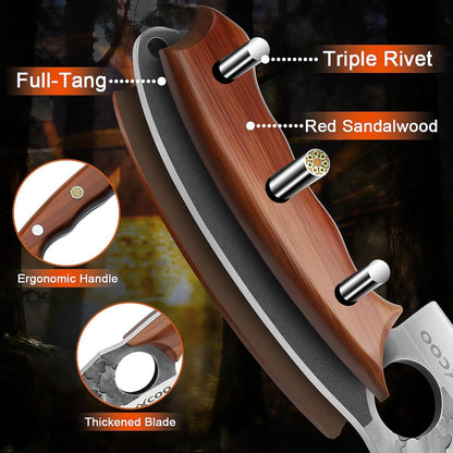 Hand Forged Hunting Knife with Leather Sheath High Carbon Steel Full Tang Butcher Boning Knife for Camping Hiking Fishing BBQ Single Blade Outdoor Cleaver for Meat Cutting and Game Processing