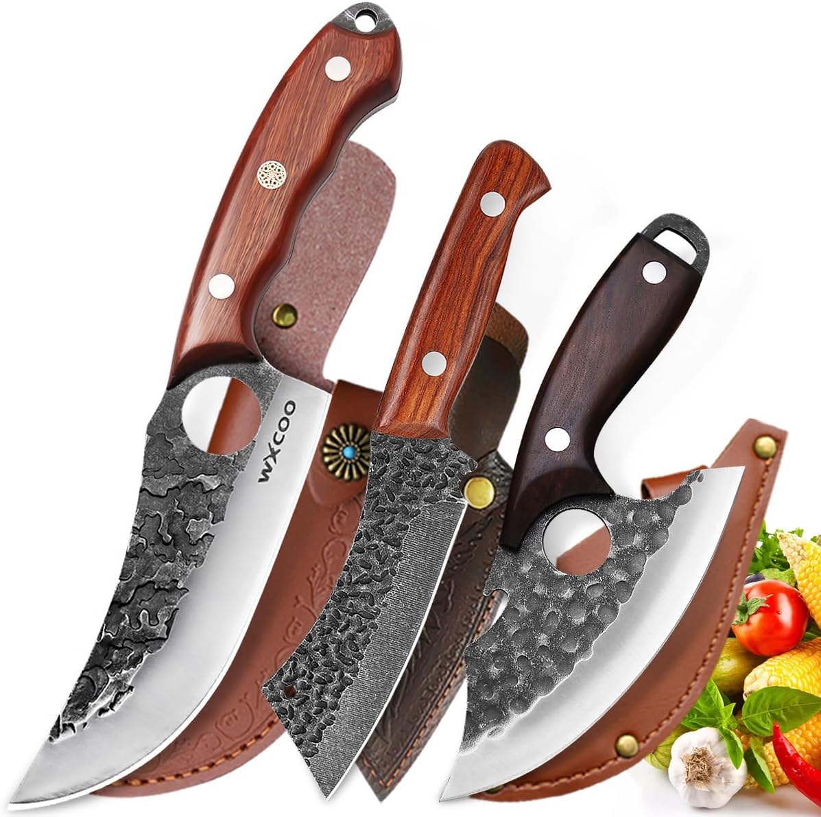 Hand Forged Hunting Knife with Leather Sheath High Carbon Steel Full Tang Butcher Boning Knife for Camping Hiking Fishing BBQ Single Blade Outdoor Cleaver for Meat Cutting and Game Processing