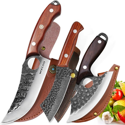 Hand Forged Hunting Knife with Leather Sheath High Carbon Steel Full Tang Butcher Boning Knife for Camping Hiking Fishing BBQ Single Blade Outdoor Cleaver for Meat Cutting and Game Processing