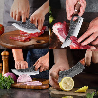 Hand Forged Hunting Knife with Leather Sheath High Carbon Steel Full Tang Butcher Boning Knife for Camping Hiking Fishing BBQ Single Blade Outdoor Cleaver for Meat Cutting and Game Processing
