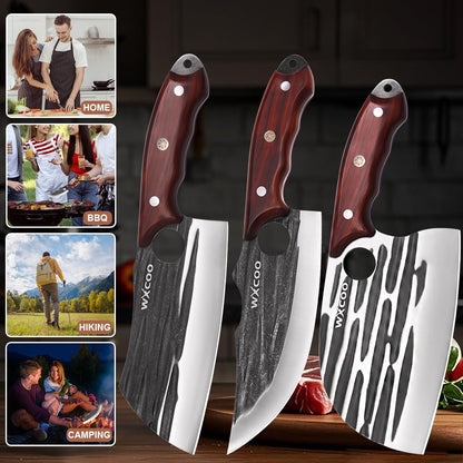 Hand Forged Hunting Knife with Leather Sheath High Carbon Steel Full Tang Butcher Boning Knife for Camping Hiking Fishing BBQ Single Blade Outdoor Cleaver for Meat Cutting and Game Processing