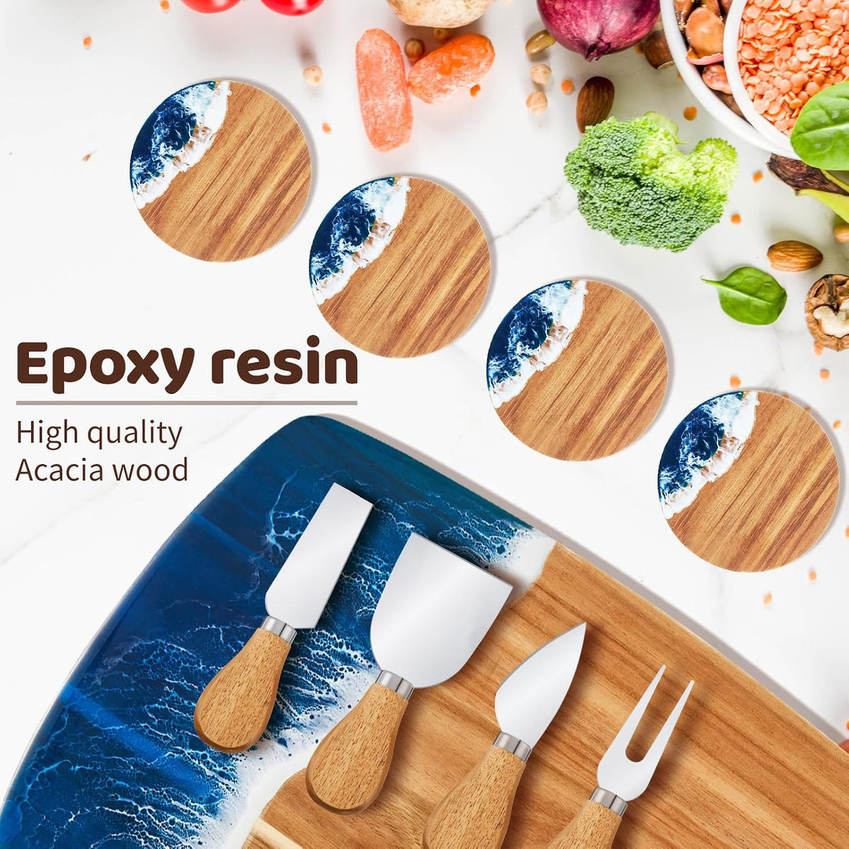 9 Pcs Ocean Resin Charcuterie Board Set, 4 Cheese Knives 4 Coasters