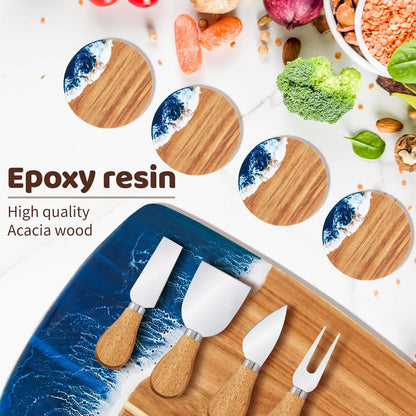 9 Pcs Ocean Resin Charcuterie Board Set, 4 Cheese Knives 4 Coasters