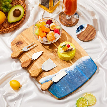 9 Pcs Ocean Resin Charcuterie Board Set, 4 Cheese Knives 4 Coasters