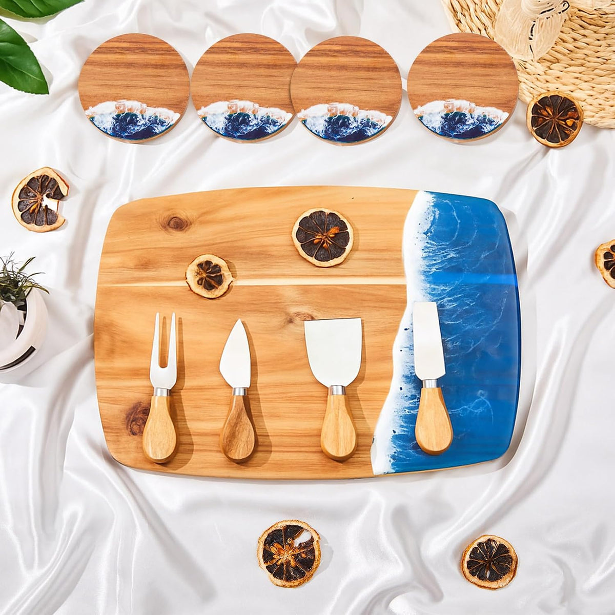 9 Pcs Ocean Resin Charcuterie Board Set, 4 Cheese Knives 4 Coasters