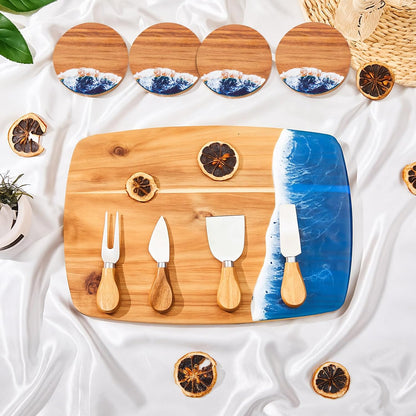 9 Pcs Ocean Resin Charcuterie Board Set, 4 Cheese Knives 4 Coasters