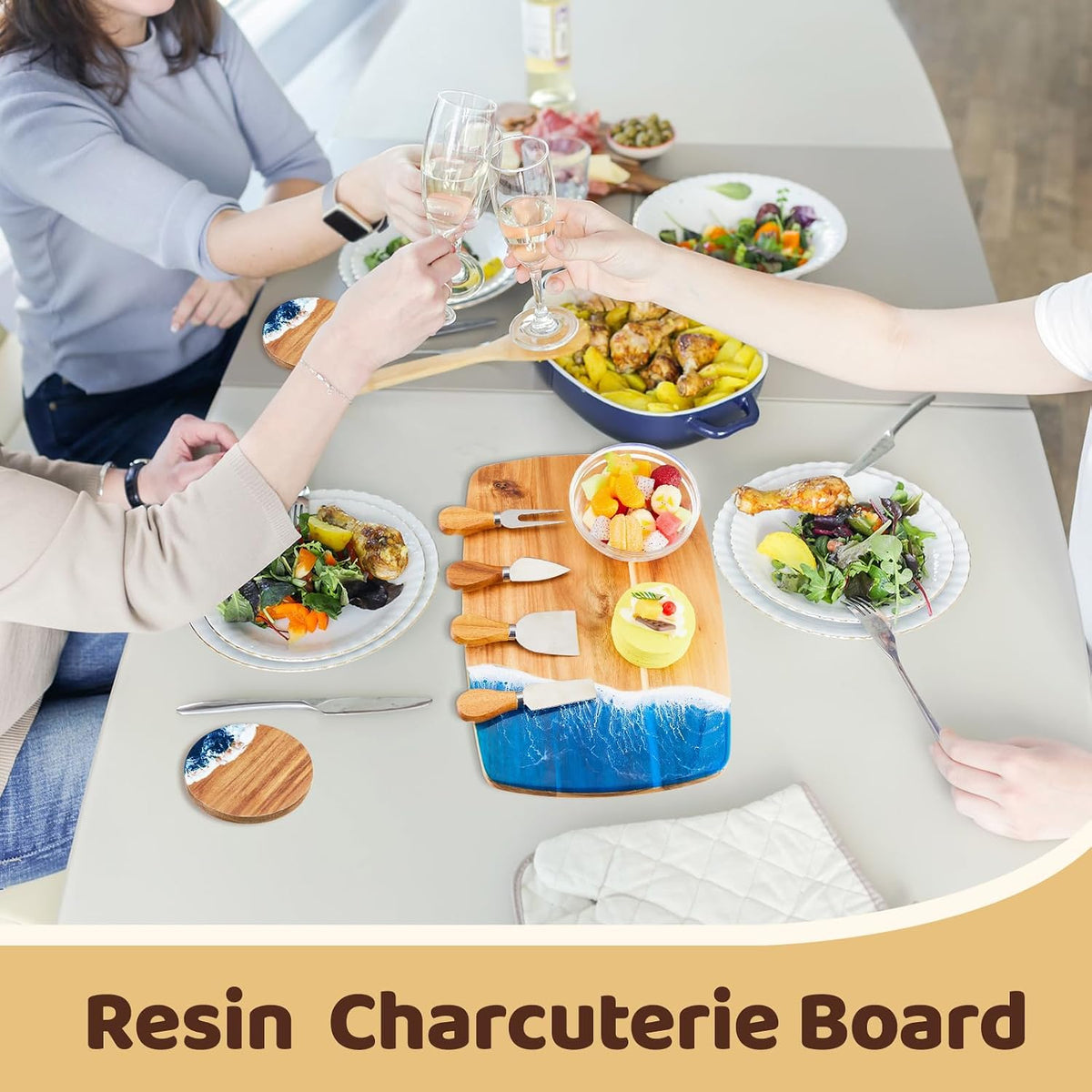 9 Pcs Ocean Resin Charcuterie Board Set, 4 Cheese Knives 4 Coasters