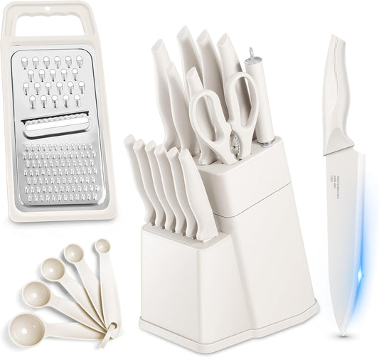 Knife Set, 21 Pieces Stainless Steel Kitchen Knife Block Set, White Chef Knife Sets with Measuring Spoon & Slicer for Home, 6 Steak Kinves, Sharp Blade & Light Weight Cutlery, Ergonomic Handle