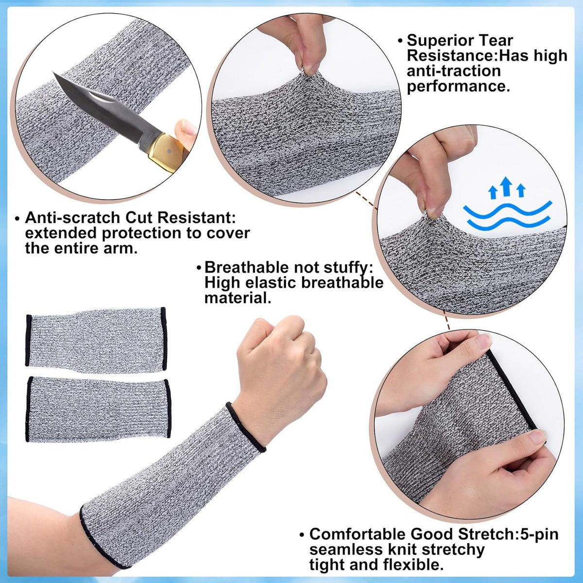 Cut Resistant Sleeves, Breathable Arm Protectors for Thin Skin, Elastic Bite Safety Reusable Protective Arm Guards Sleeves for Industrial Kitchen Garden- Grey