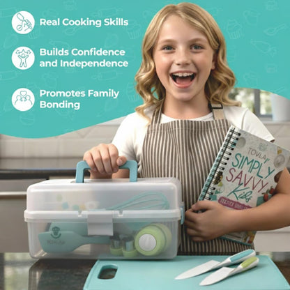 Tovla JR Kids Real Cooking and Baking Ultimate Gift Set | Montessori Kid-Safe Knives, Apron, Visual Cookbook, Timer, Storage Case & Tools | Premium Christmas & Birthday Gift for Girls & Boys